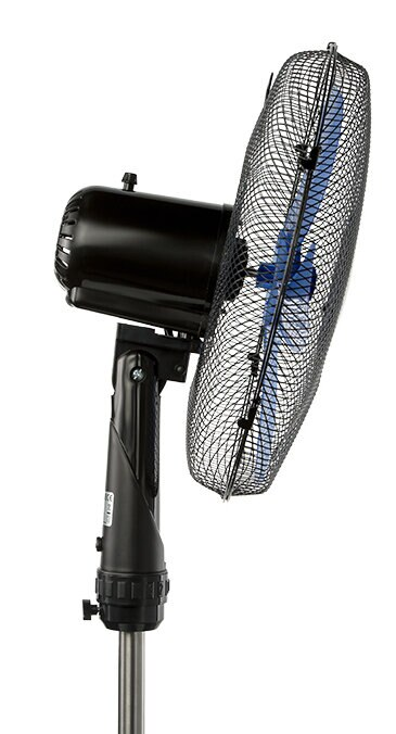 Czarny wentylator stojący. Czarna obudowa silnika, metalowa klatka i niebieskie łopatki.