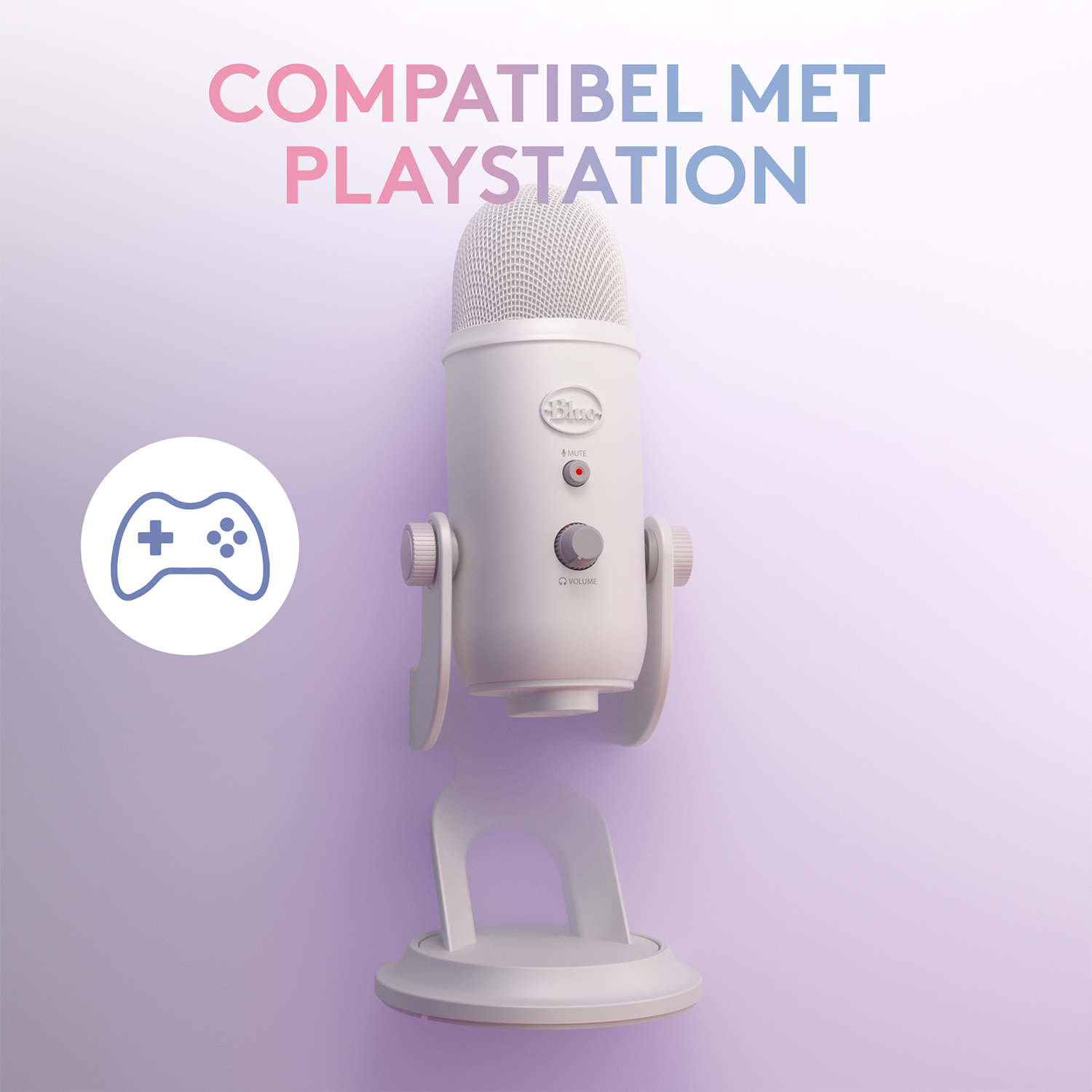 Een witte Blue Yeti-microfoon met een standaard. De achtergrond is een verloop van roze en blauw.