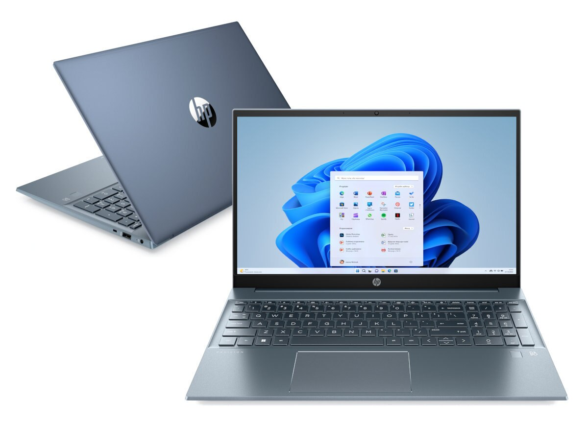 Dwa laptopy, jeden zamknięty i pod kątem, drugi otwarty pokazujący ekran Windows.