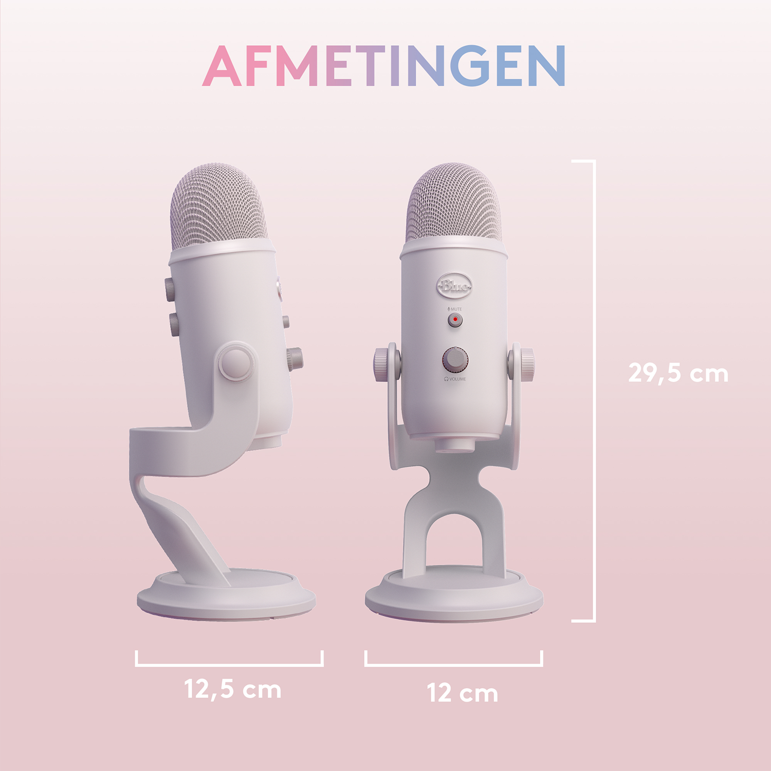 Twee witte microfoons met afmetingen weergegeven, op een verloopachtergrond.