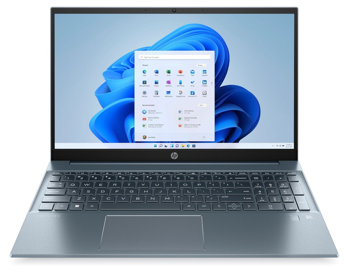 Otwarty laptop HP wyświetlający interfejs Windows 11.