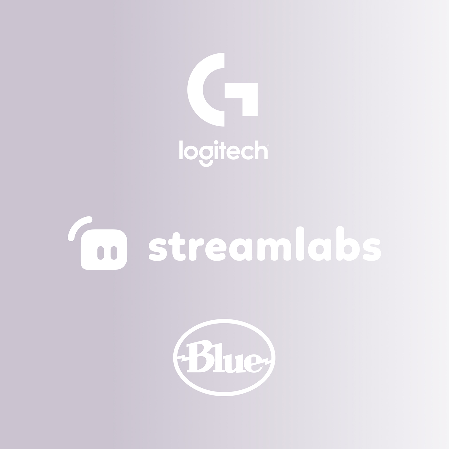 Logos van Logitech, Streamlabs en Blue op een lichtpaarse achtergrond.