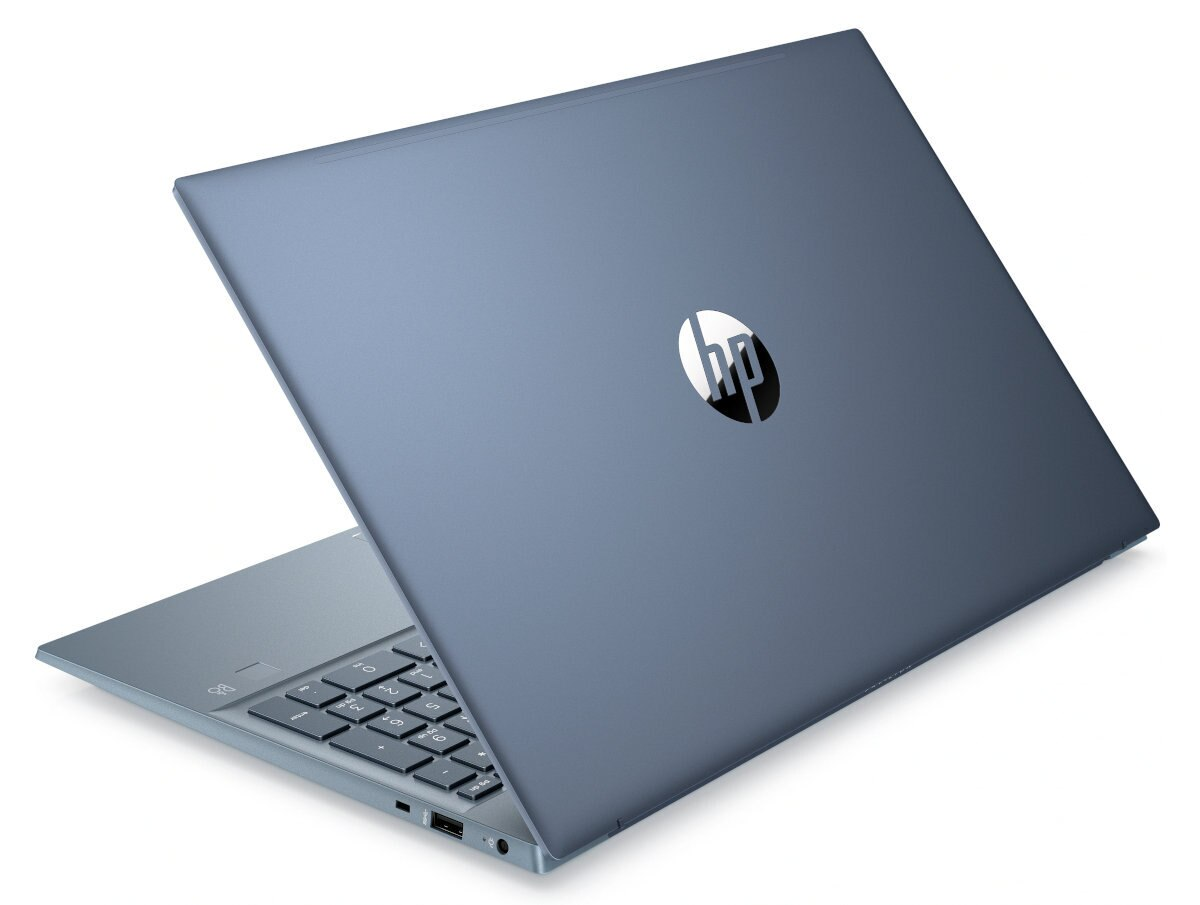 Niebieski laptop, otwarty, z klawiaturą i logo HP.