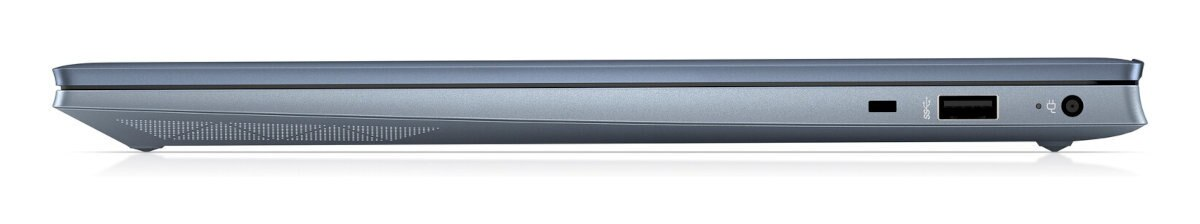 Widok z boku srebrnego i niebieskiego laptopa, pokazujący porty i elegancki, smukły design.