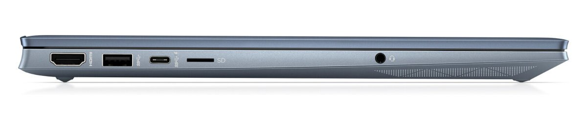 Widok z boku szarego i niebieskiego laptopa z portami i gniazdem słuchawkowym.