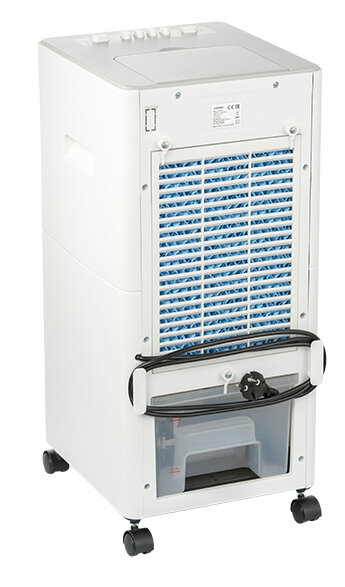 Biała chłodnica powietrza, widok z tyłu, ze zbiornikiem na wodę i kołami.