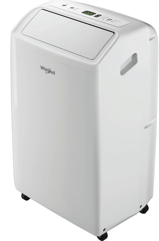 Biała przenośna klimatyzacja na kółkach, biała obudowa, wyświetlacz cyfrowy.