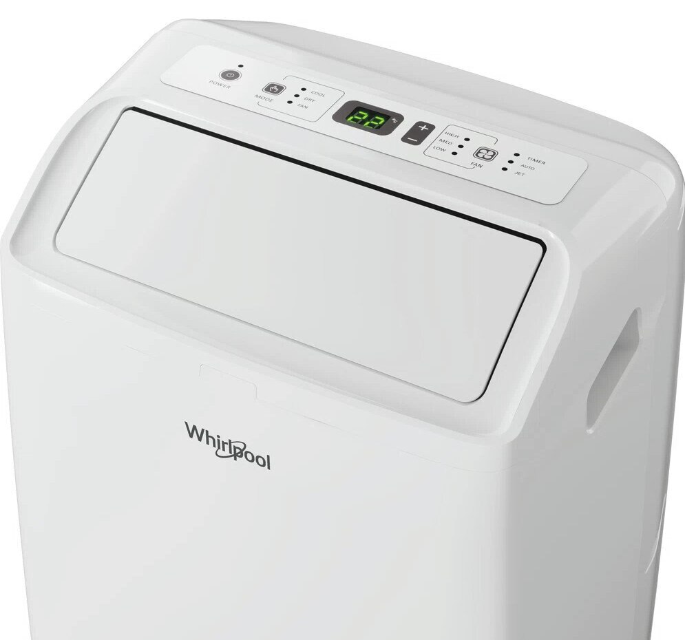 Biały klimatyzator Whirlpool z panelem sterowania na górze.