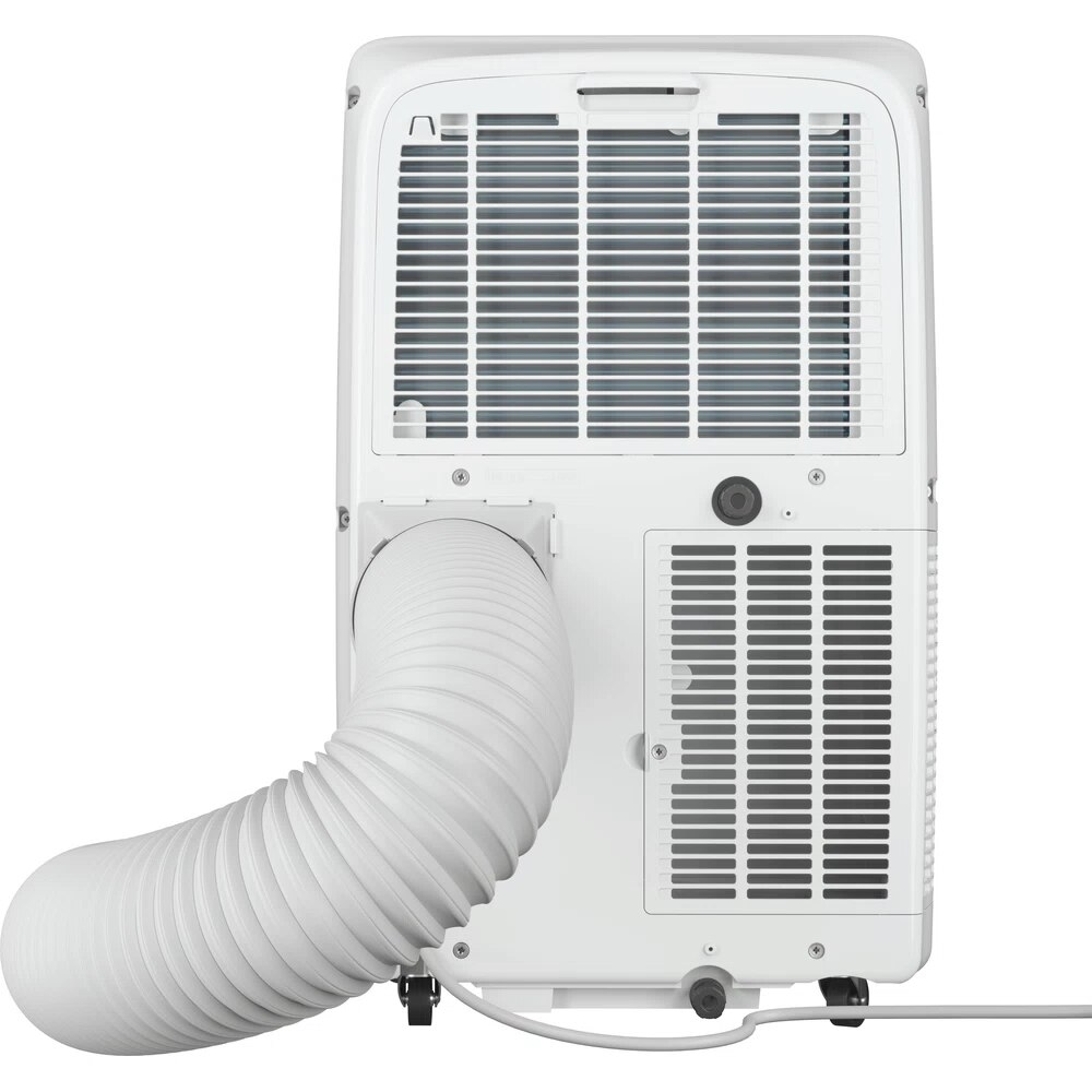 Biały przenośny klimatyzator z białym wężem wydechowym.