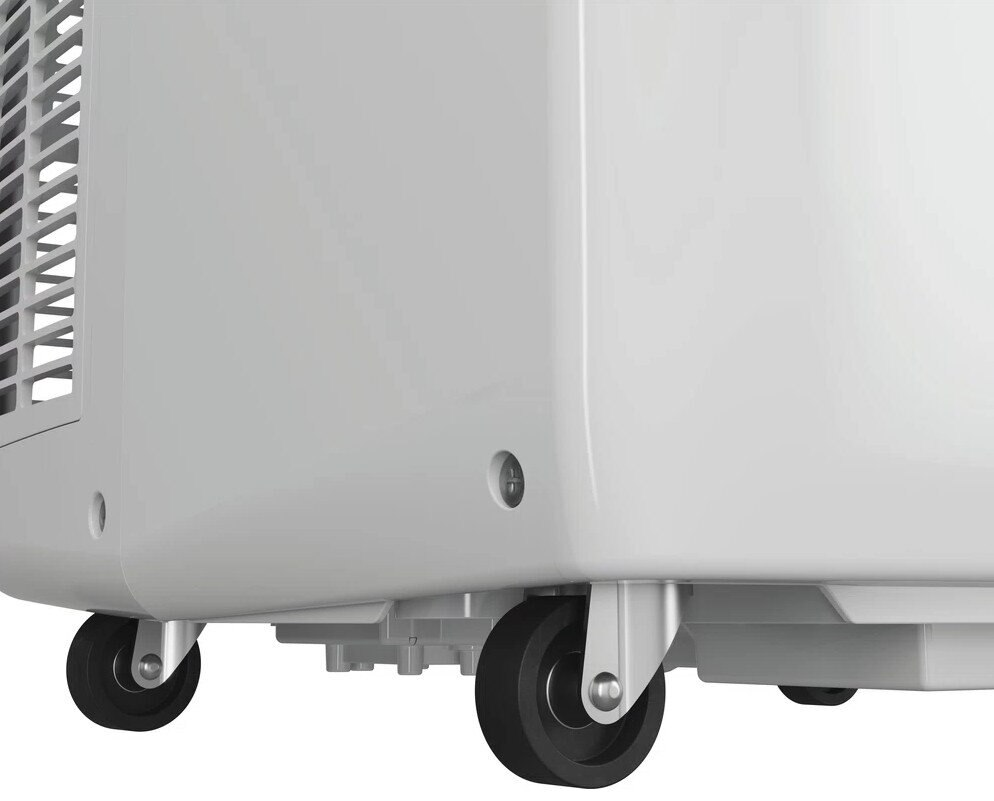 Zbliżenie na białą podstawę urządzenia z czarnymi kołami. Widoczna jest kratka wentylacyjna. Urządzenie stoi na białej powierzchni.