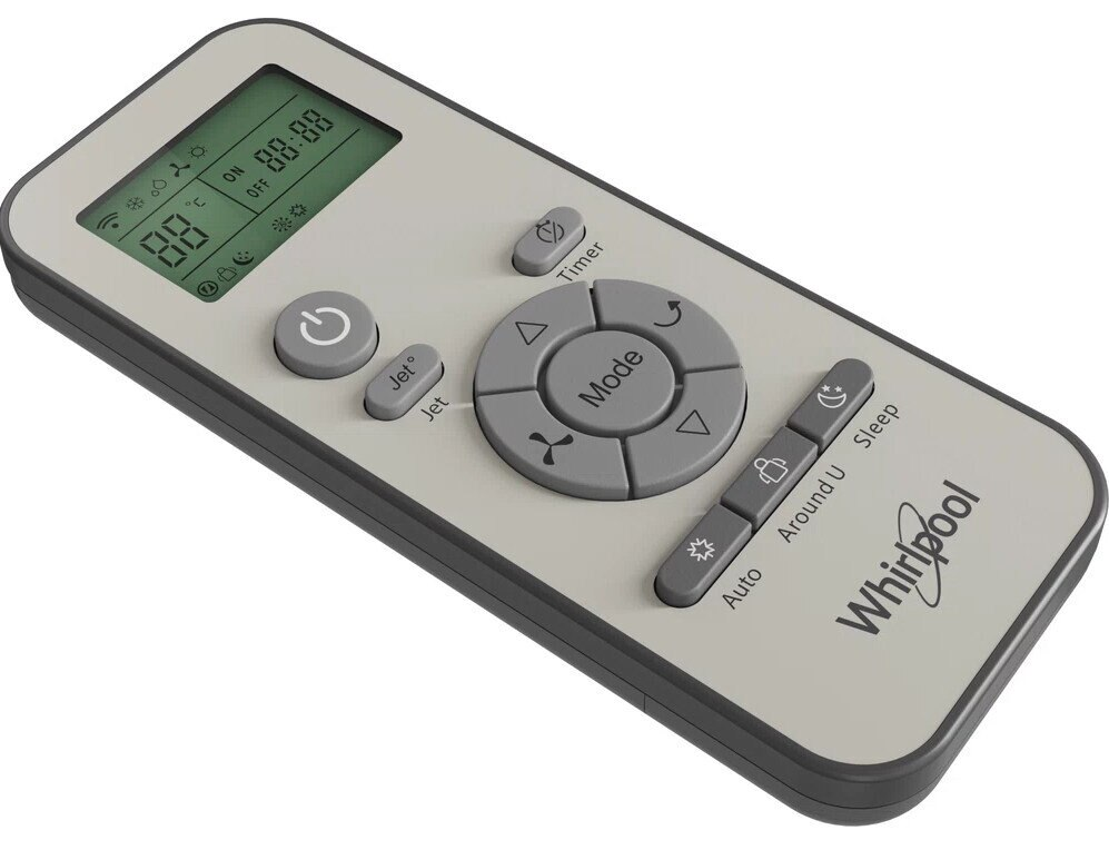 Szary pilot do klimatyzacji Whirlpool. Posiada przyciski zasilania, trybu, timera i innych funkcji, z wyświetlaczem ustawień.