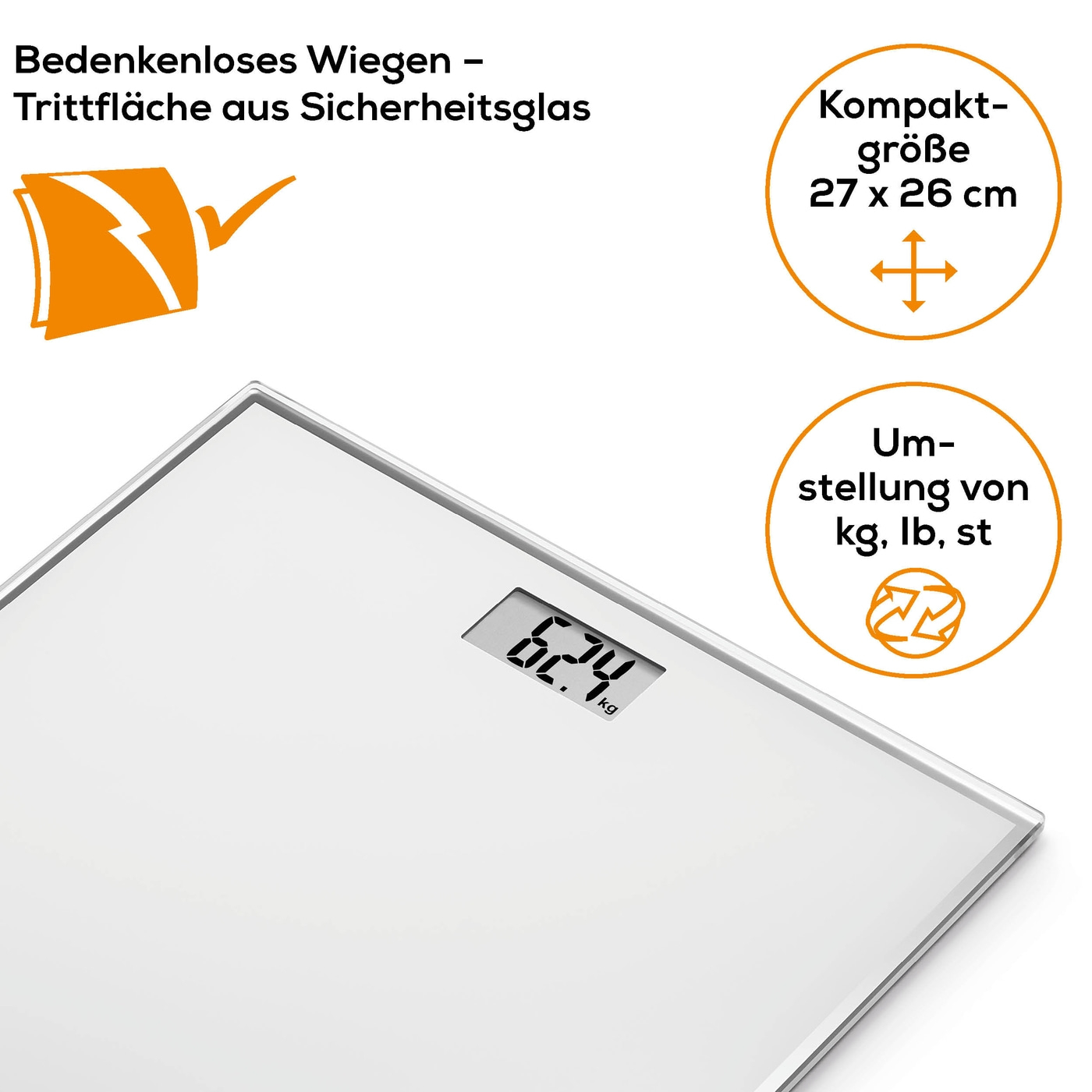 Une balance numérique blanche avec un affichage de 62,4 kg et du texte dans un cercle.