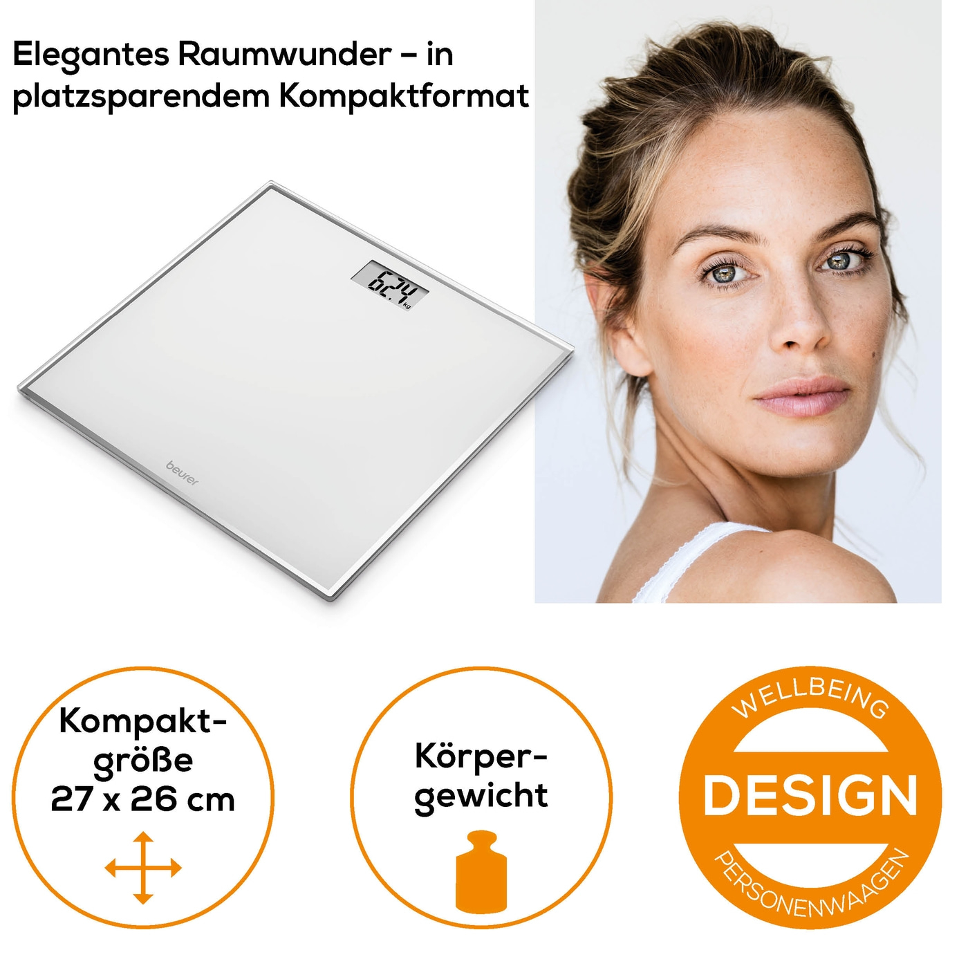 Une balance blanche affiche 62,4 kg. Une femme est à droite. Des cercles montrent dimensions.