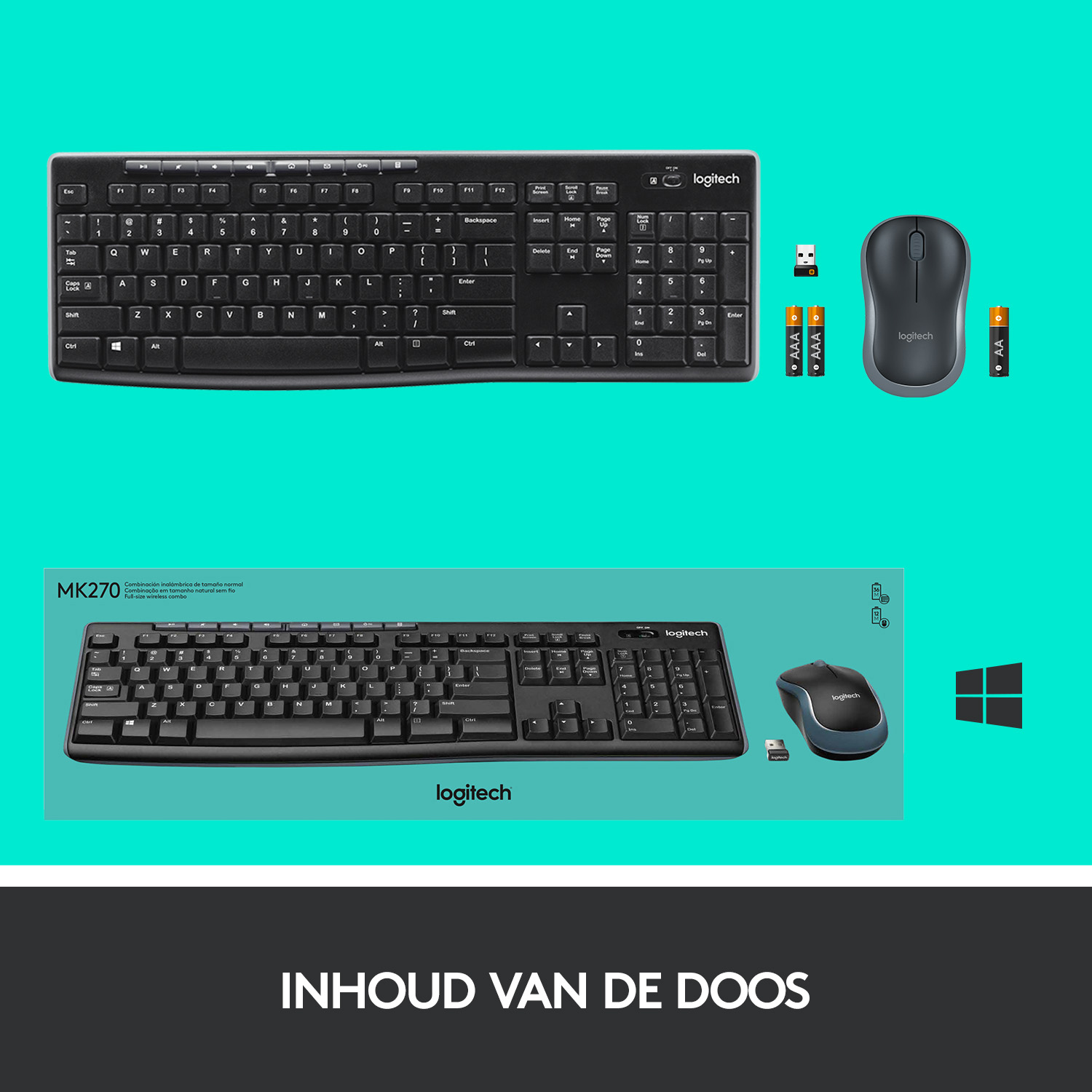 Logitech toetsenbord- en muiscombinatie, met batterijen en een USB-ontvanger.