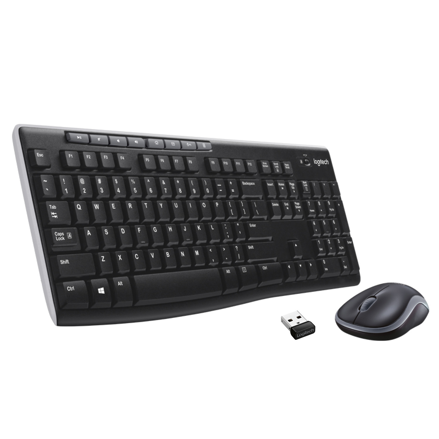 Zwarte Logitech toetsenbord- en muisset met een USB-ontvanger. Witte achtergrond.