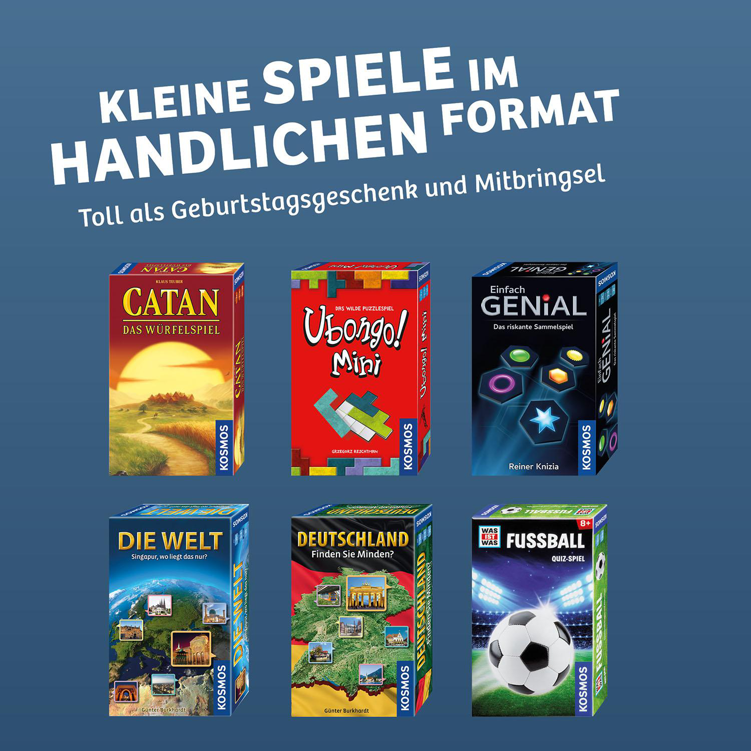 Anordnung von sechs Brettspielboxen mit deutschem Text, auf blauem Hintergrund.
