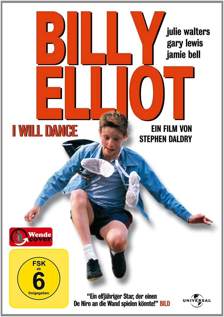 Filmplakat: Junge in Jeansjacke springt, hält Schuhe. Titel: 'Billy Elliot'. Oranger und weißer Text, schwarzer Hintergrund.