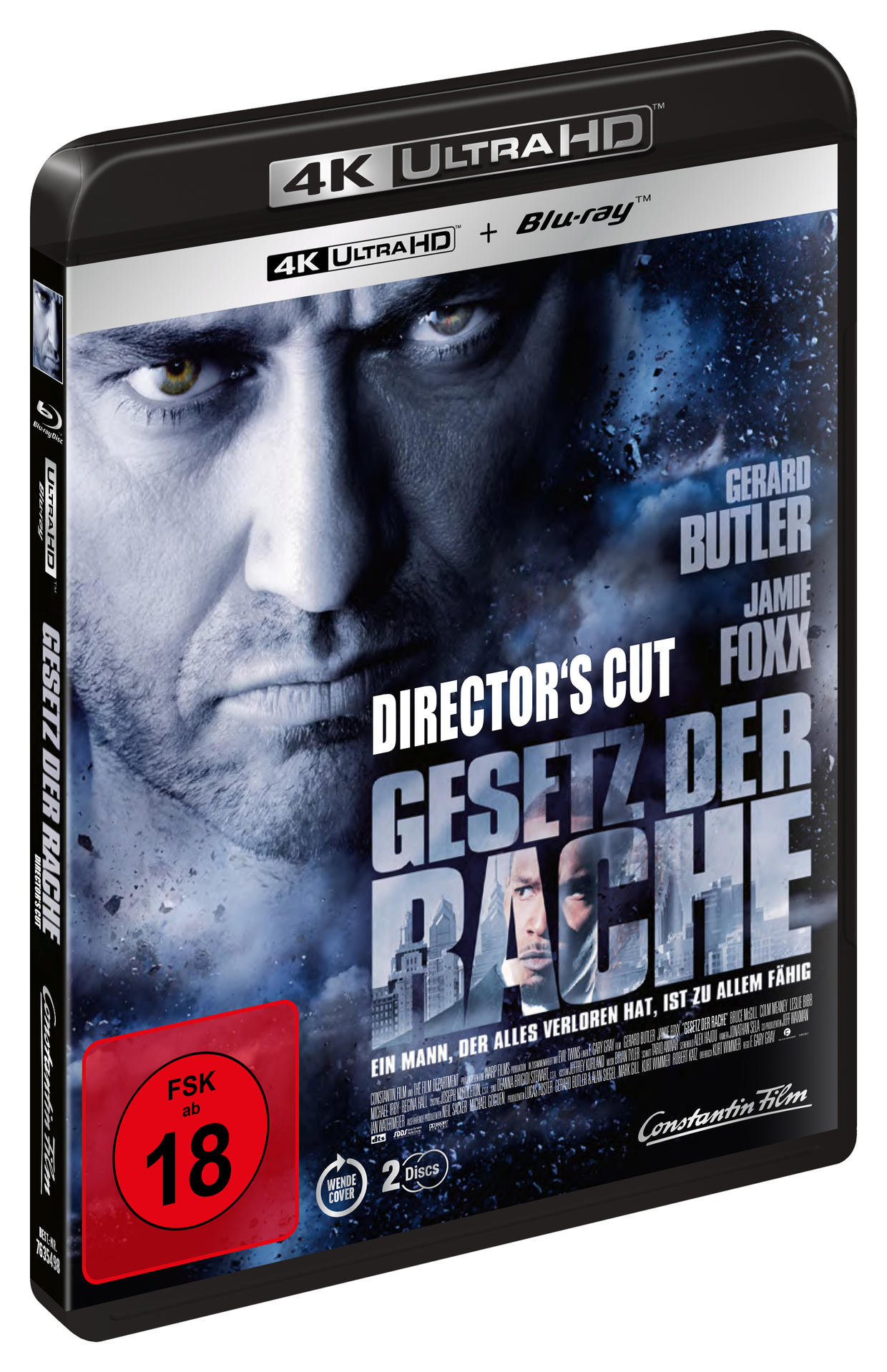 Filmcover, ein Männergesicht mit Text „Gesetz der Rache“ und Schauspielernamen. Die 4K Ultra HD Blu-ray Disc ist vorhanden.