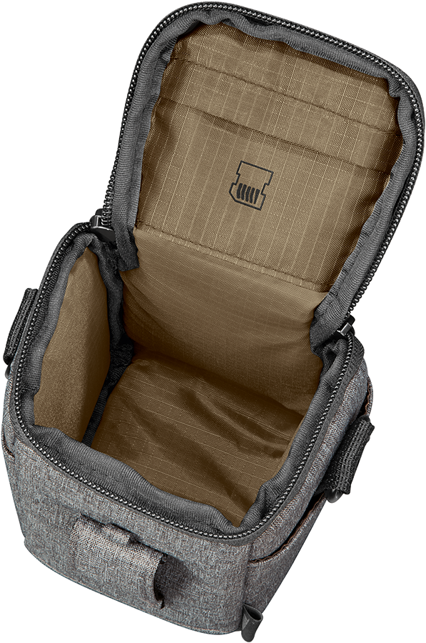 Een open grijze tas met een klein, leeg interieur.