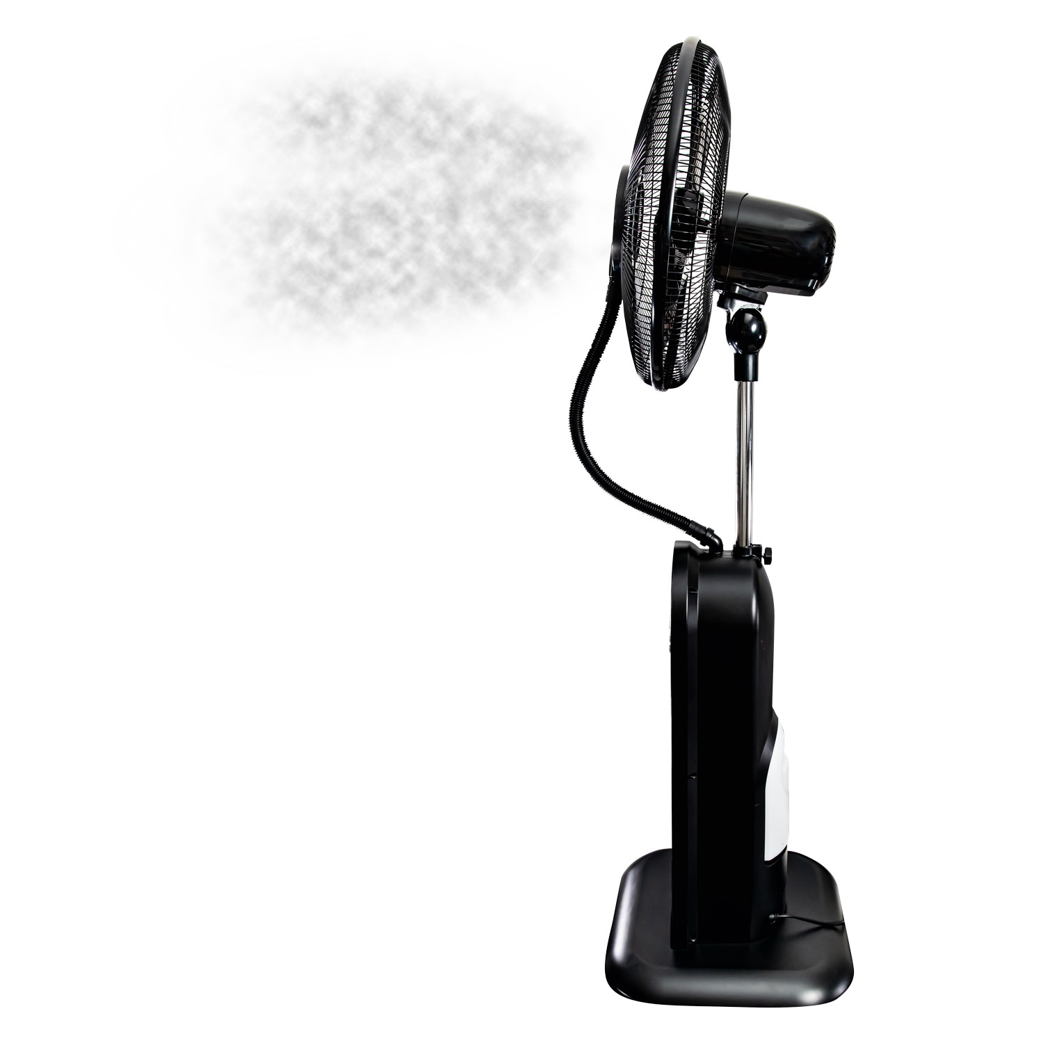 A black standing fan with a misting feature, spraying water vapor.