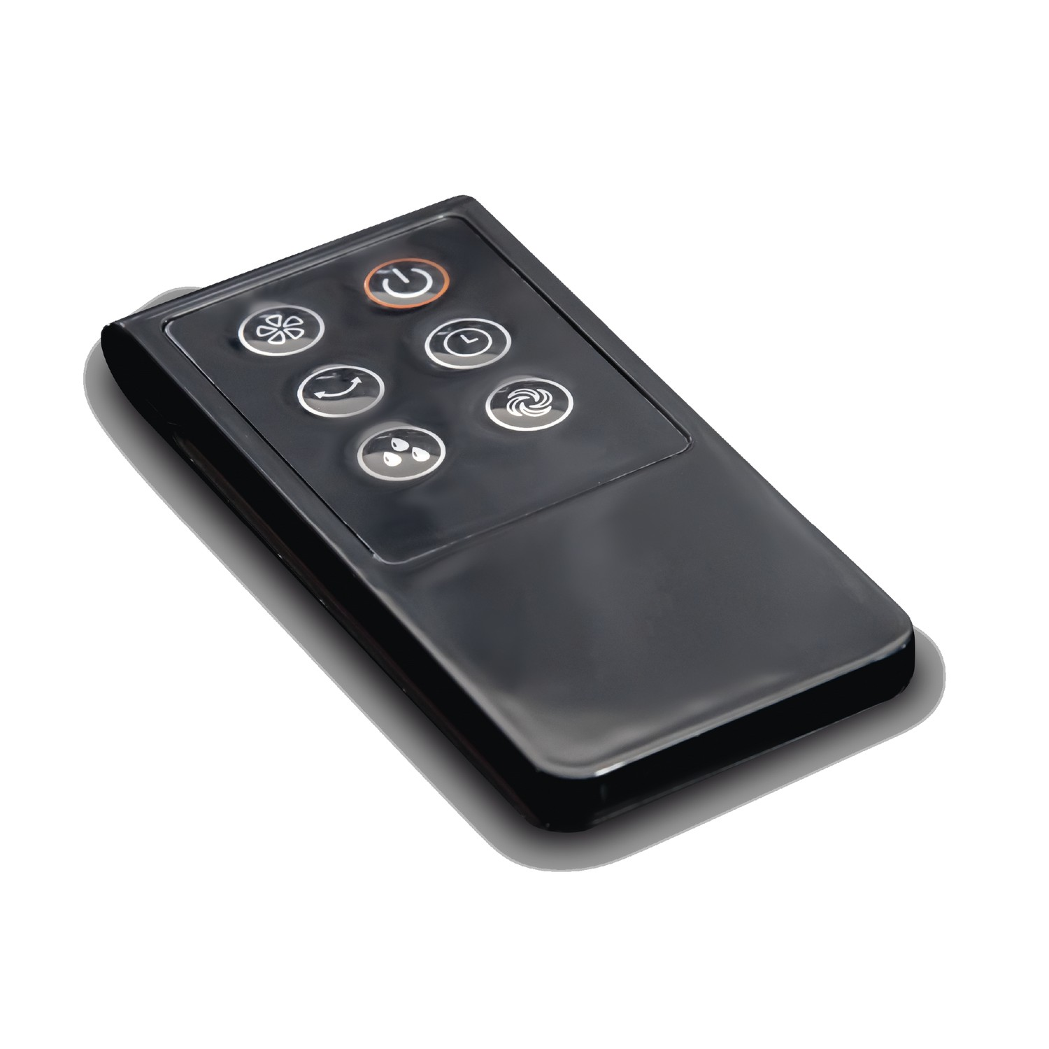 Black remote control with white buttons, lying on a white surface.