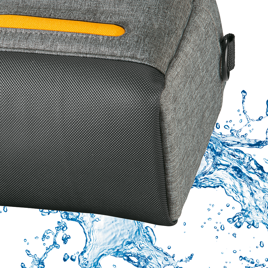 Close-up of a gray bag with a black textured bottom and a yellow accent.