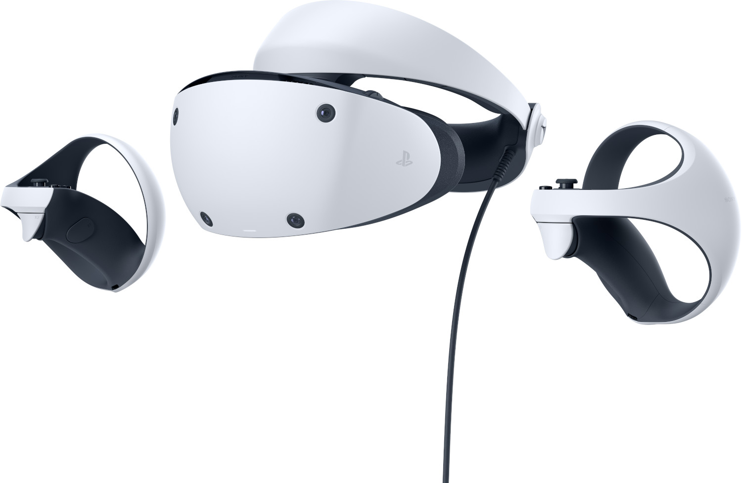 White PlayStation VR2 headset and controllers, showing the design and setup.