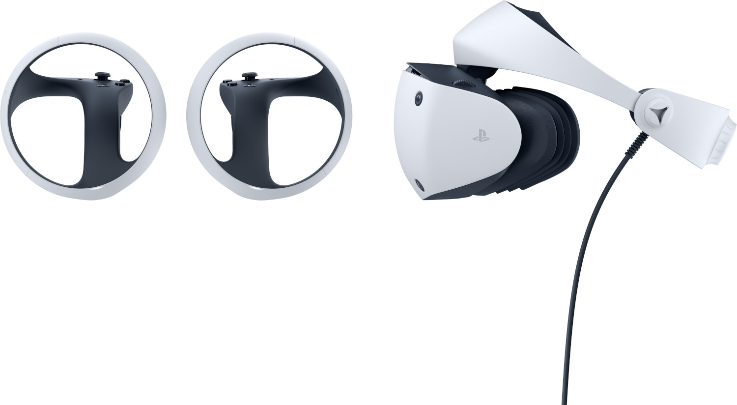 A gaming steering wheel and a VR headset, both white and black.