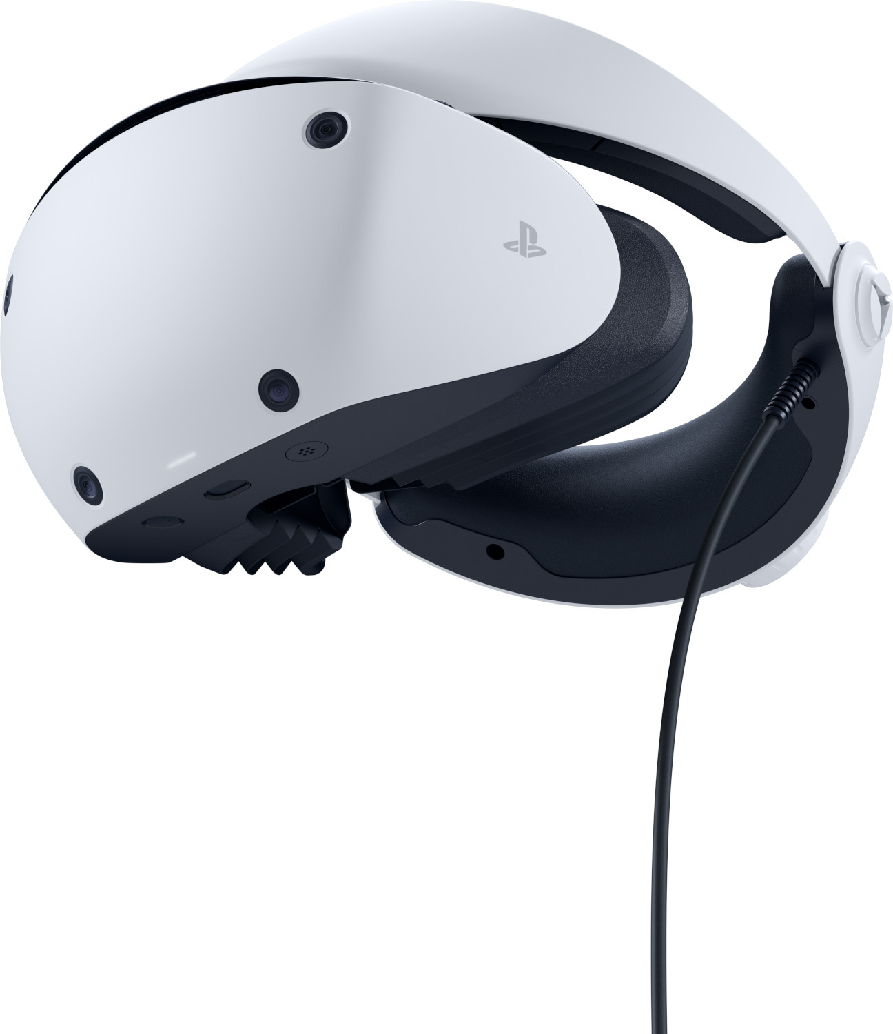 A white VR headset with a black strap and black cable on white background.