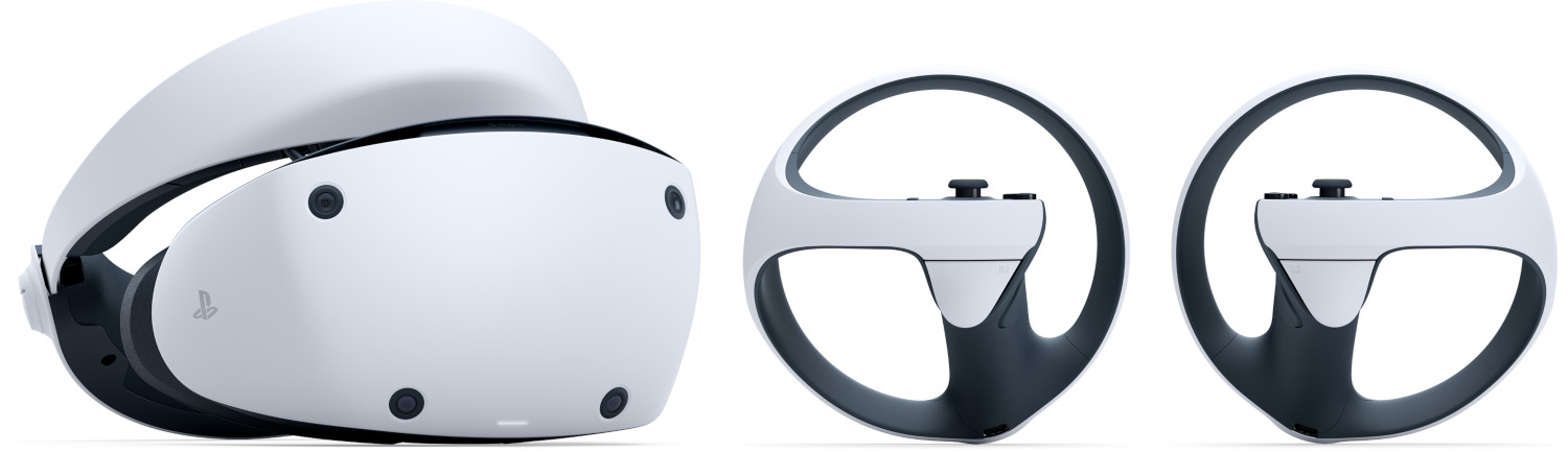 PlayStation VR2 headset and controllers with a white background.