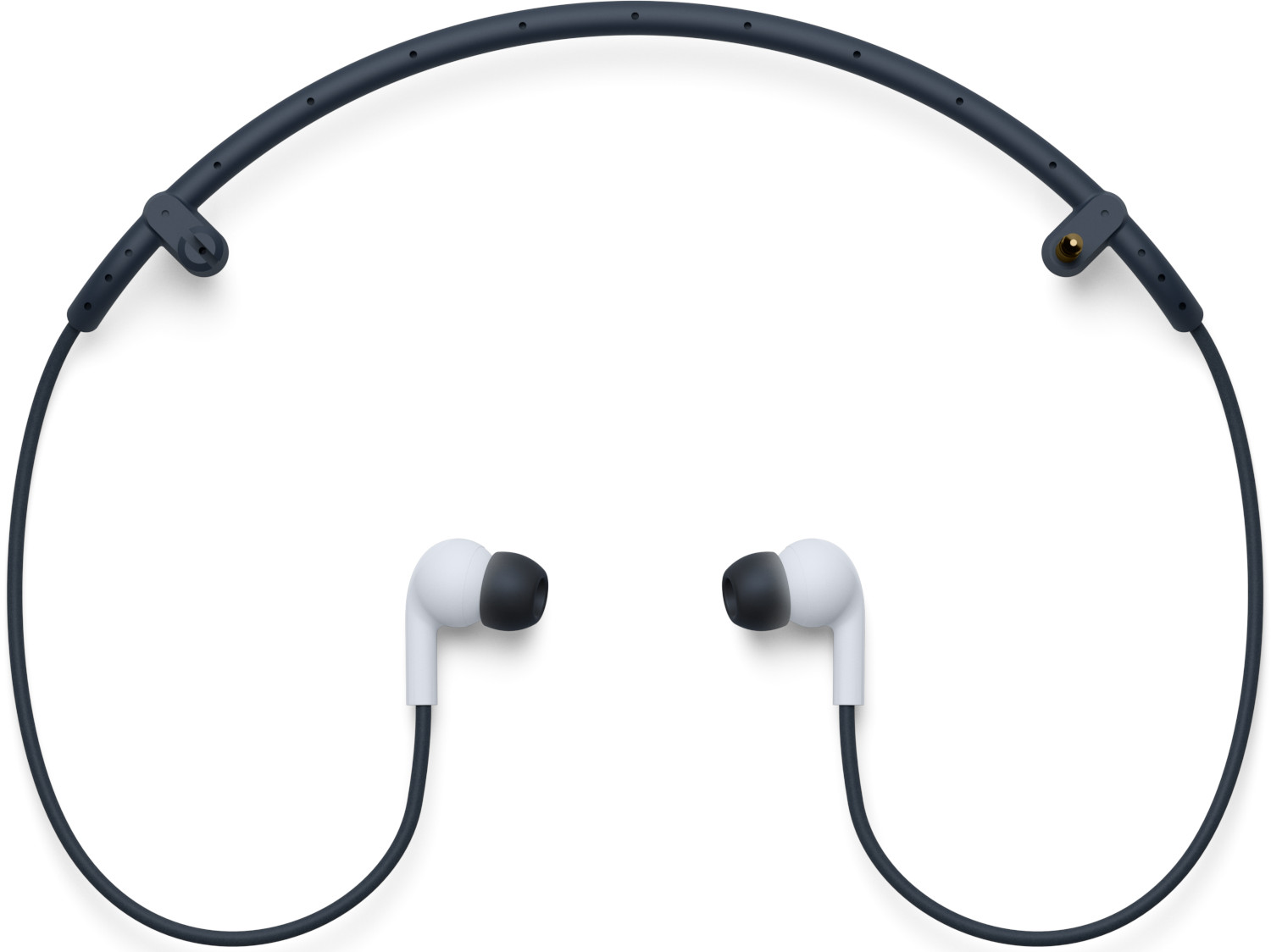 Blue and white wireless neckband headphones, with earbuds and a curved design.