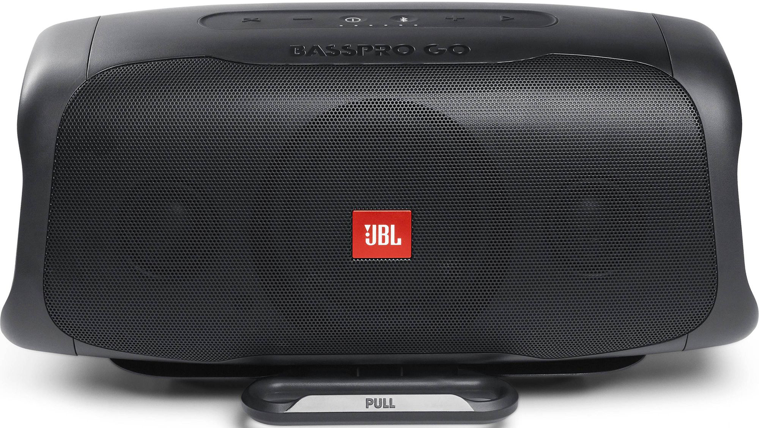 Fekete JBL BassPro Go hangszóró. Hálós előlapja, JBL logója, kihúzható talapzata van.