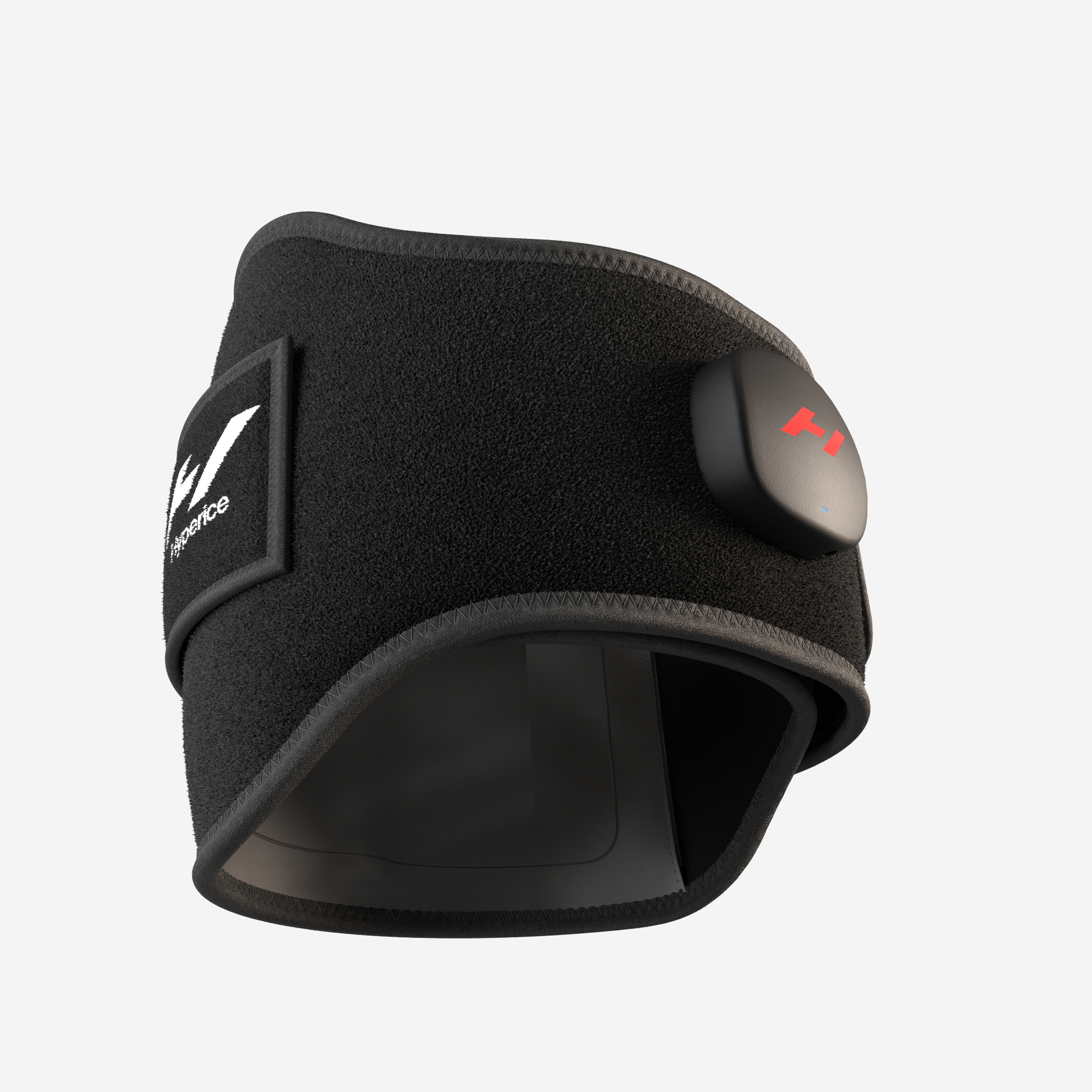 Eine schwarze Kniebandage mit rotem 'Hyperice'-Logo.