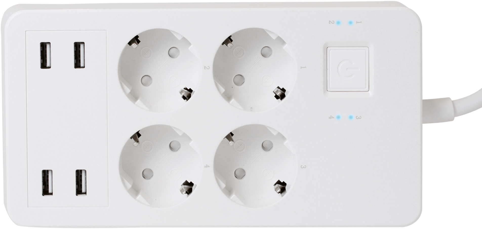 Fehér elosztó 4 aljzattal, 2 USB porttal és egy bekapcsológombbal, felülnézet.