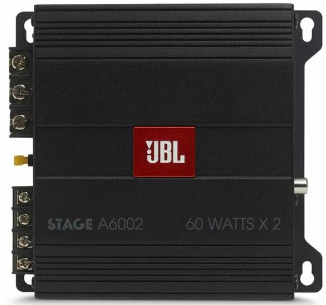 Fekete JBL erősítő piros logóval, és a 'STAGE A6002 60 WATTS X 2' felirat.