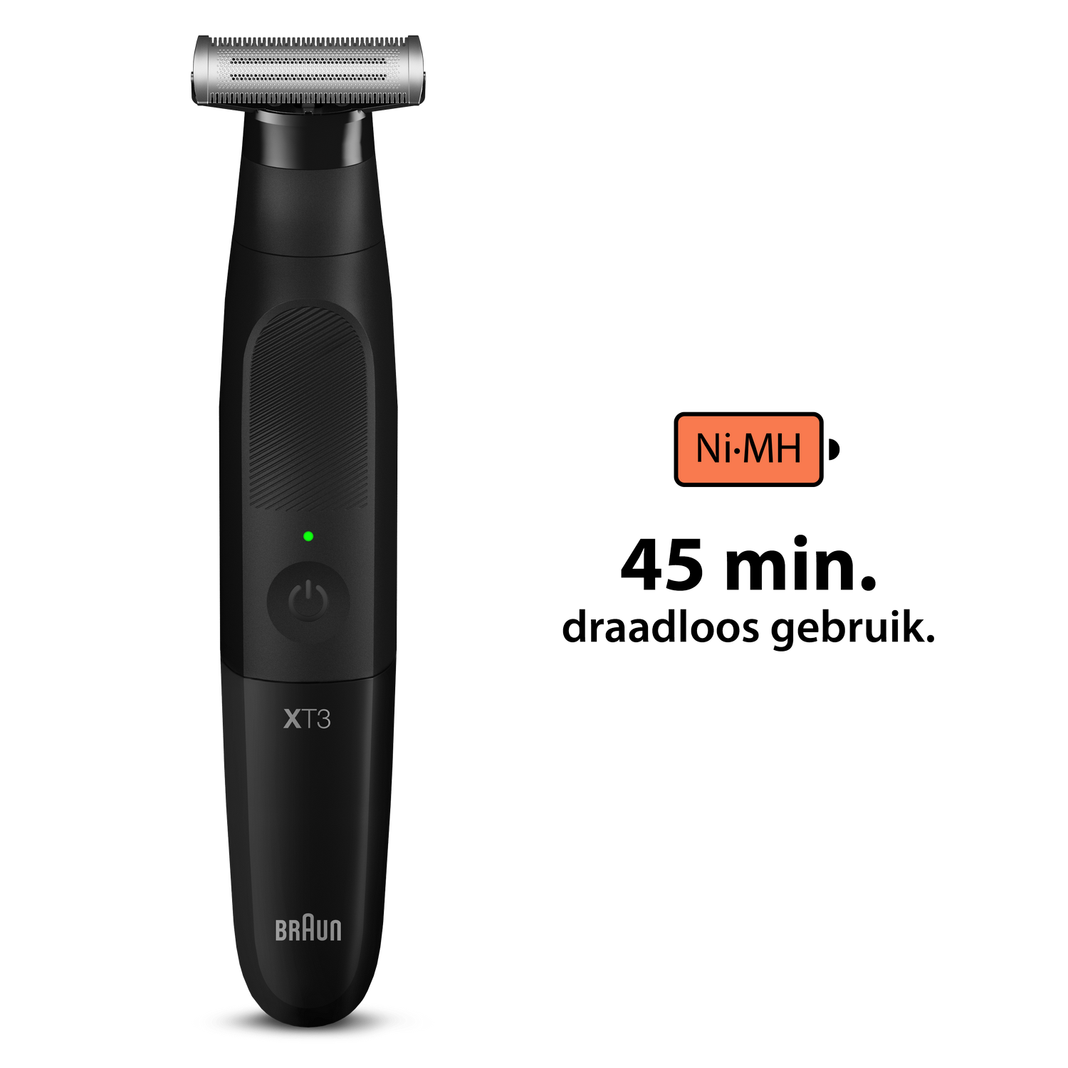 Black Braun XT3 trimmer, with green light, and text.