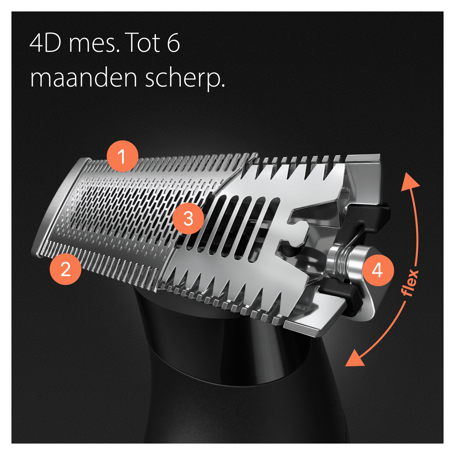 Close-up of a shaver head. The head is silver with numbered parts, showing the blade and its flex.