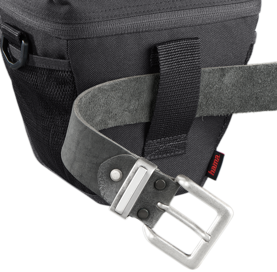 Black camera bag with a silver buckle and a leather belt. The bag has a mesh pocket.