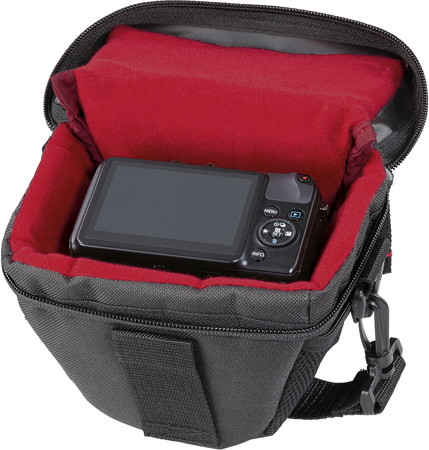 Camera bag with a camera inside. The bag is black with a red interior, partially open, with a camera inside.