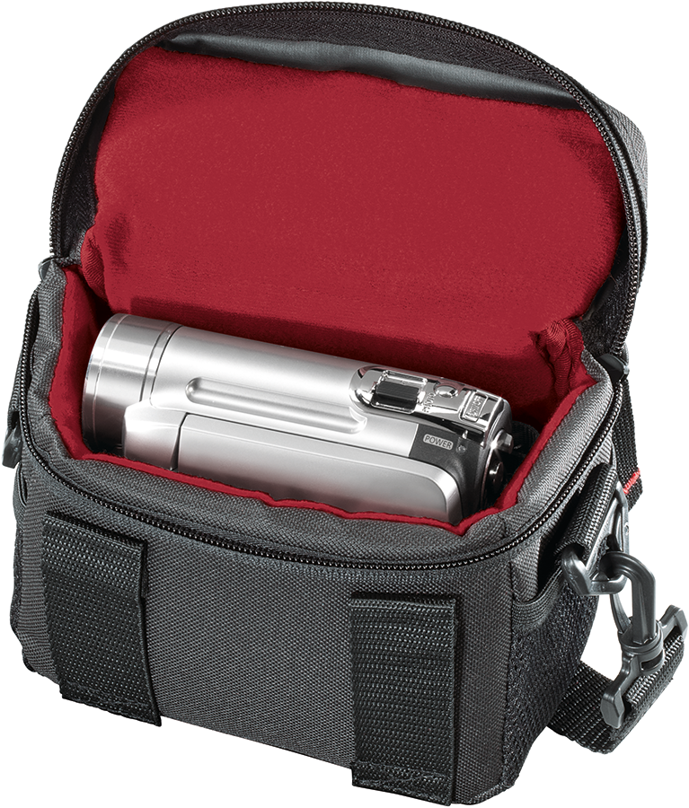 Black camera bag open, with a silver camera inside.