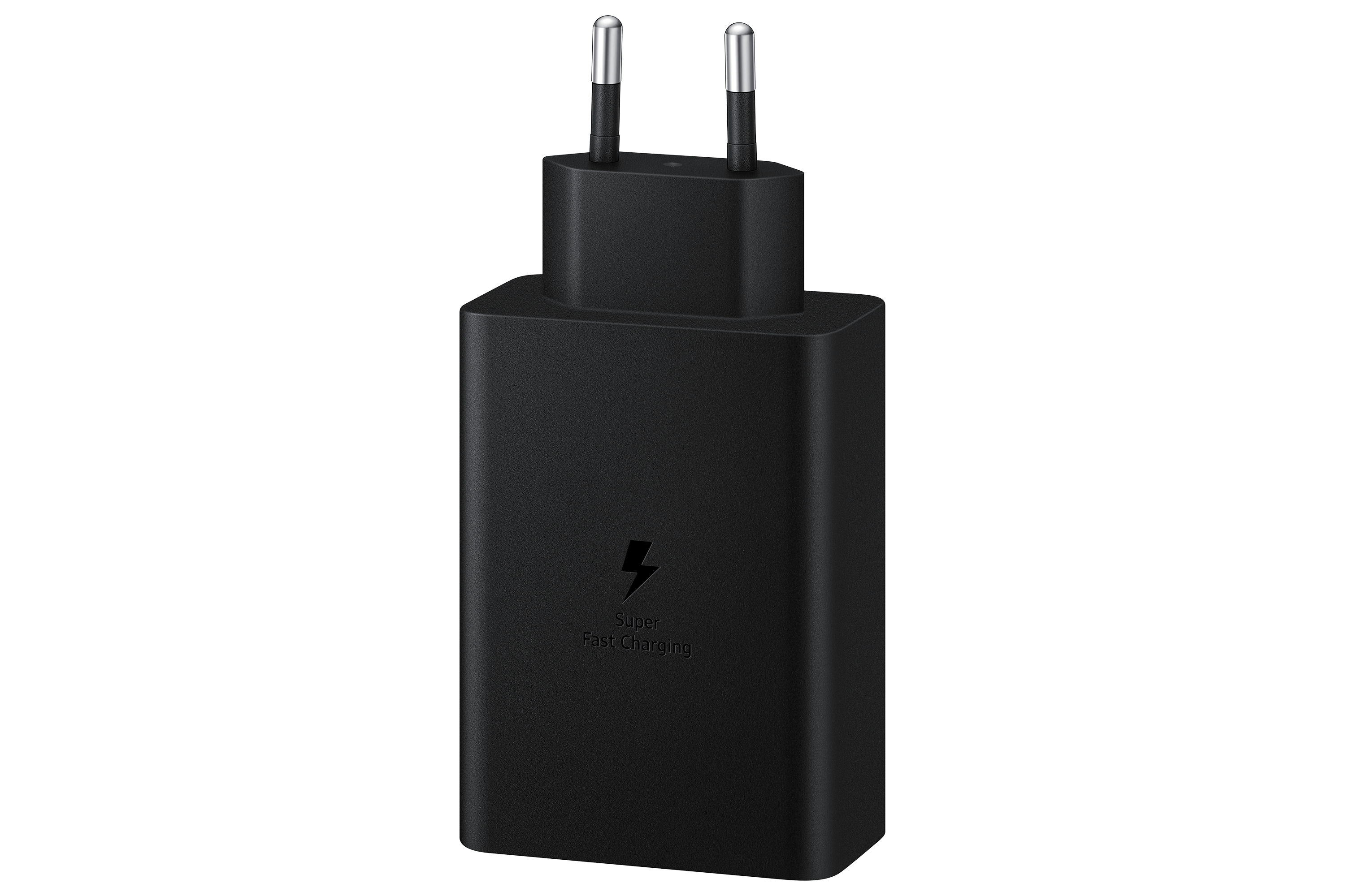 Adaptador de carga súper rápida Samsung negro. El logotipo está en el centro del adaptador.