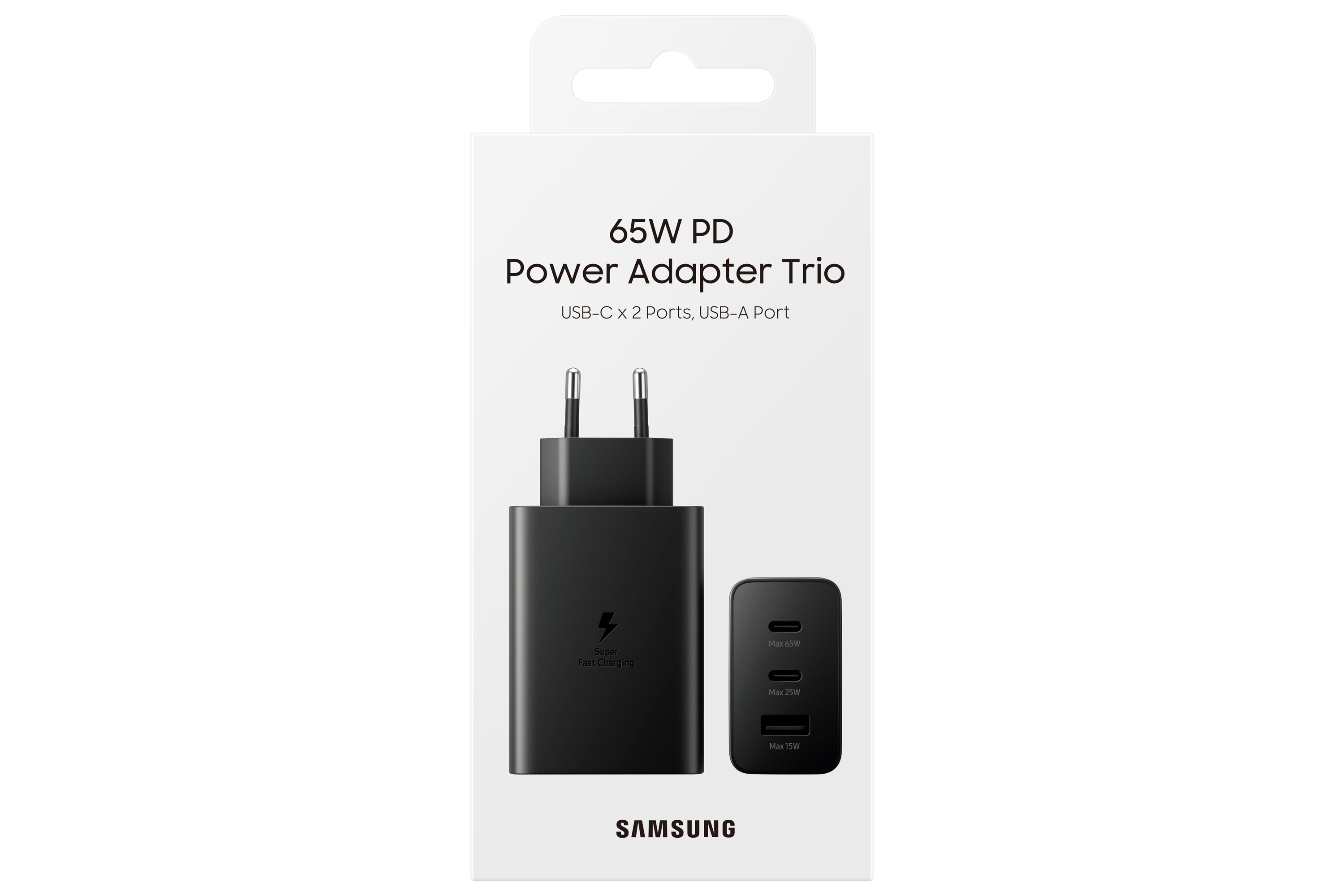 Un trío de adaptador de corriente negro con puertos USB-C y USB-A, en una caja blanca con texto.