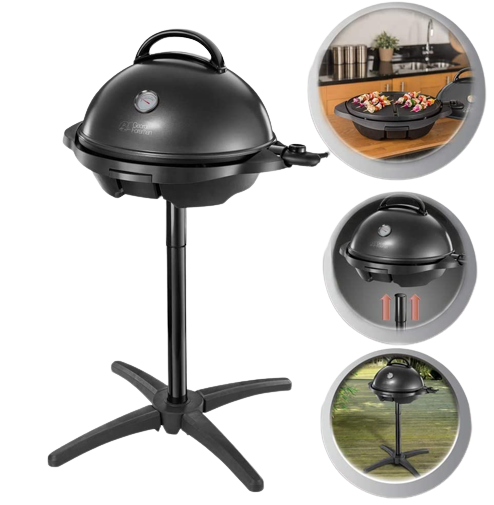 George Foreman Grill auf einem Ständer, mit inset Bildern von Nutzung und Details.