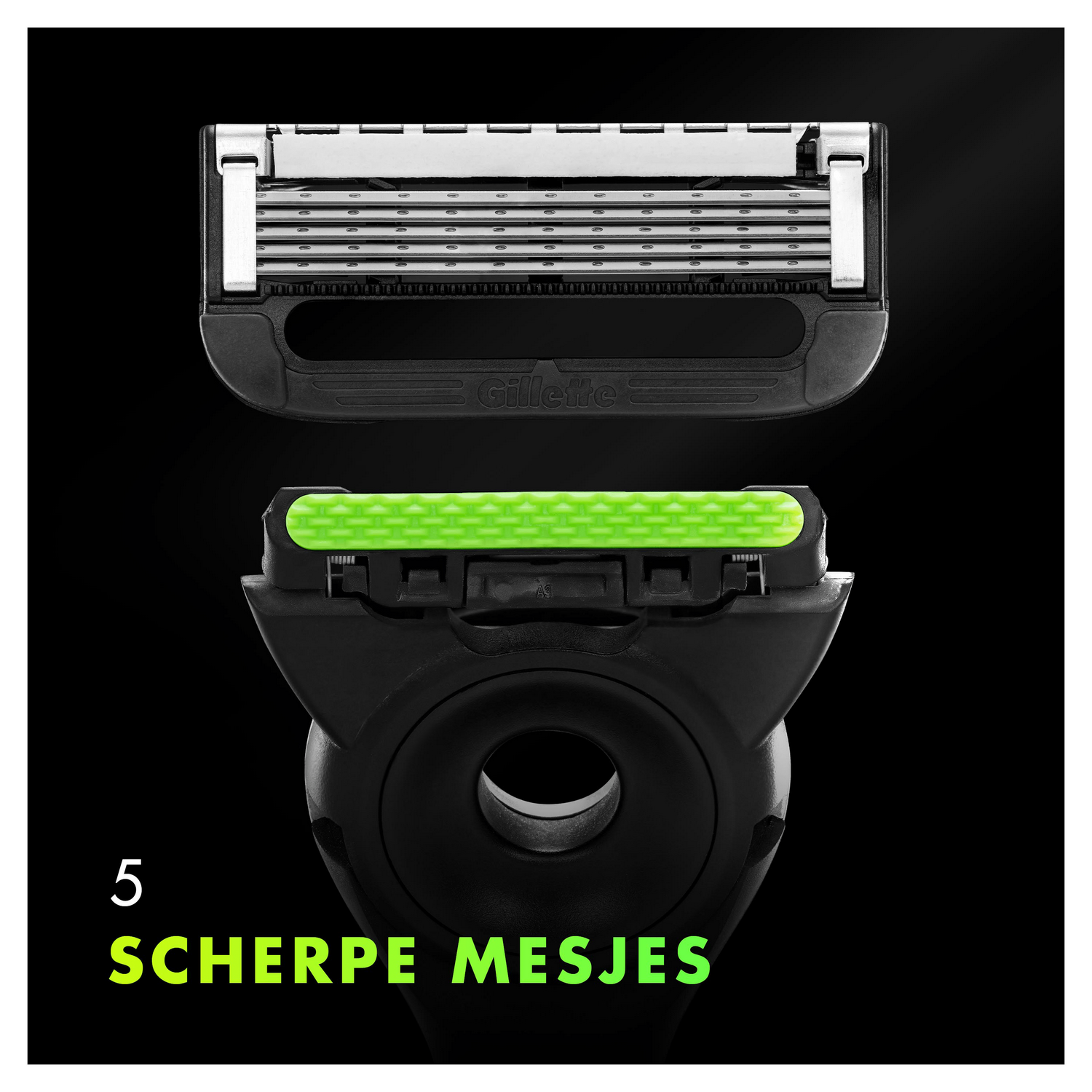 Black razor blades with green details. The text says 5 sharp blades.