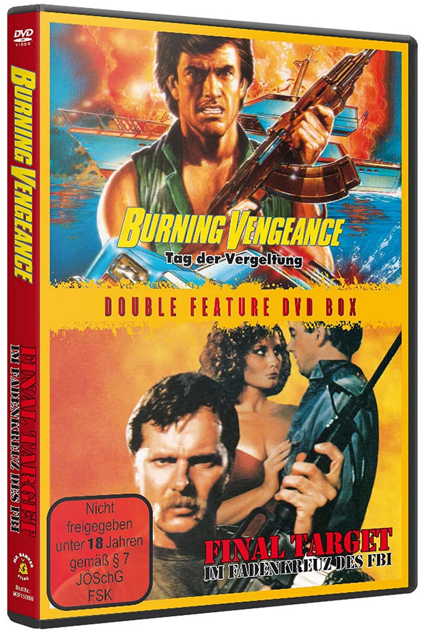 DVD-Box-Cover mit zwei Filmplakaten: Burning Vengeance und Final Target, mit Action-Szenen.