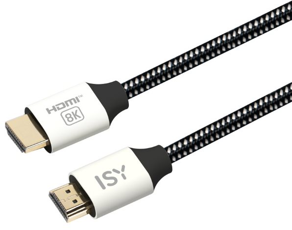 Schwarz-weißes HDMI 8K-Kabel mit weißen Steckern und ISY-Logo, weißer Hintergrund.