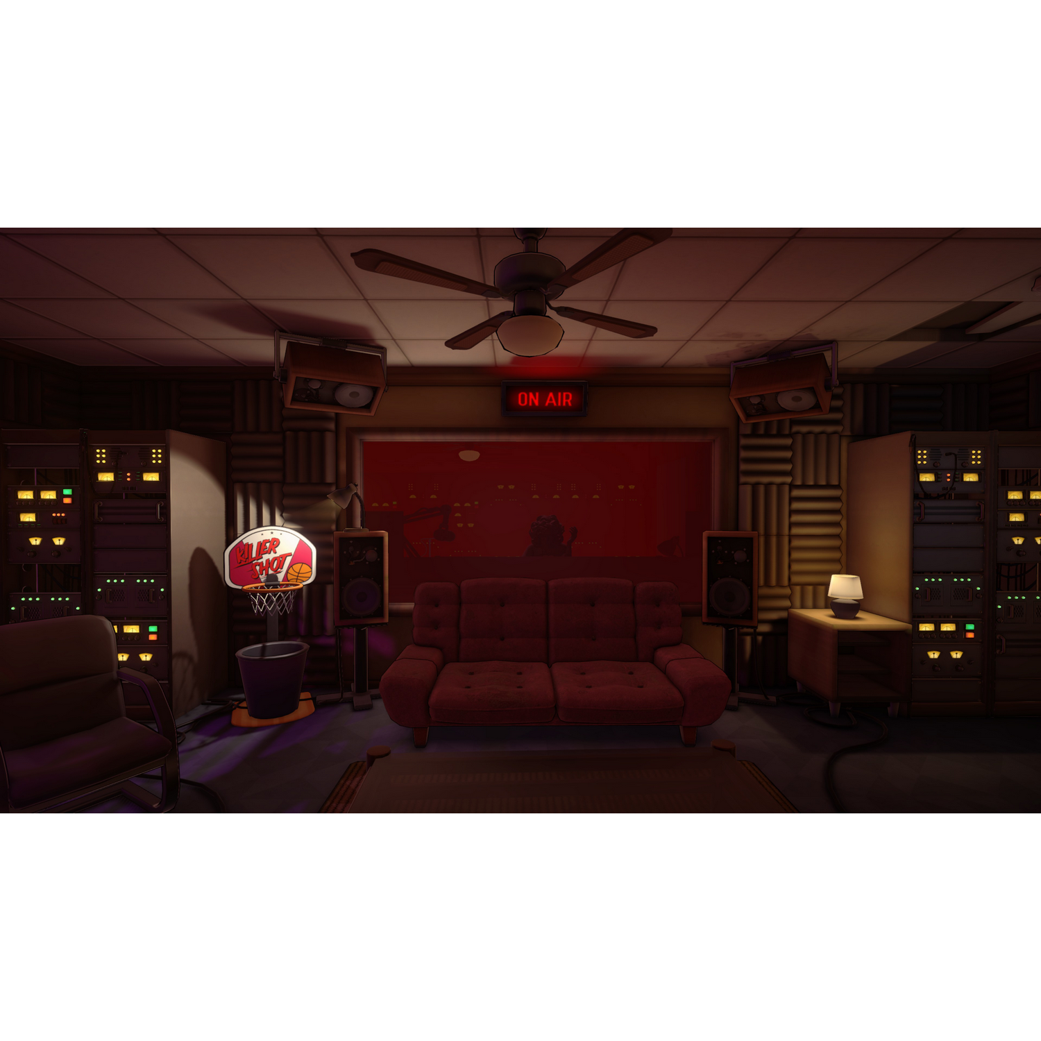 Een kamer met rode verlichting en audio-apparatuur, met een on-air bord.