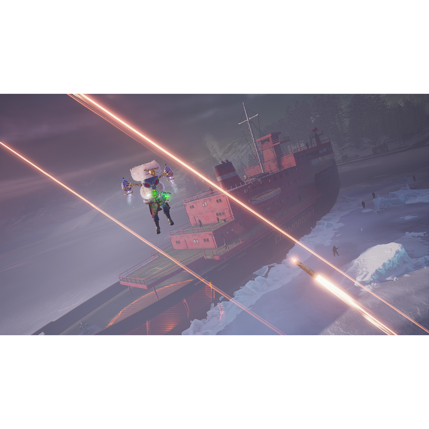 Persoon die met een jetpack over een schip vliegt in een arctische omgeving. IJs en sneeuw.