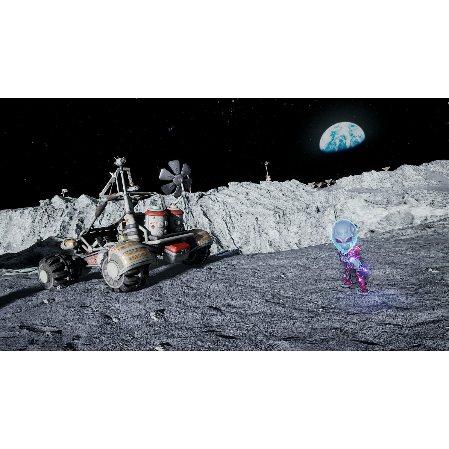 Alien op het maanoppervlak met een rover. De aarde op de achtergrond. Ruimtescène.