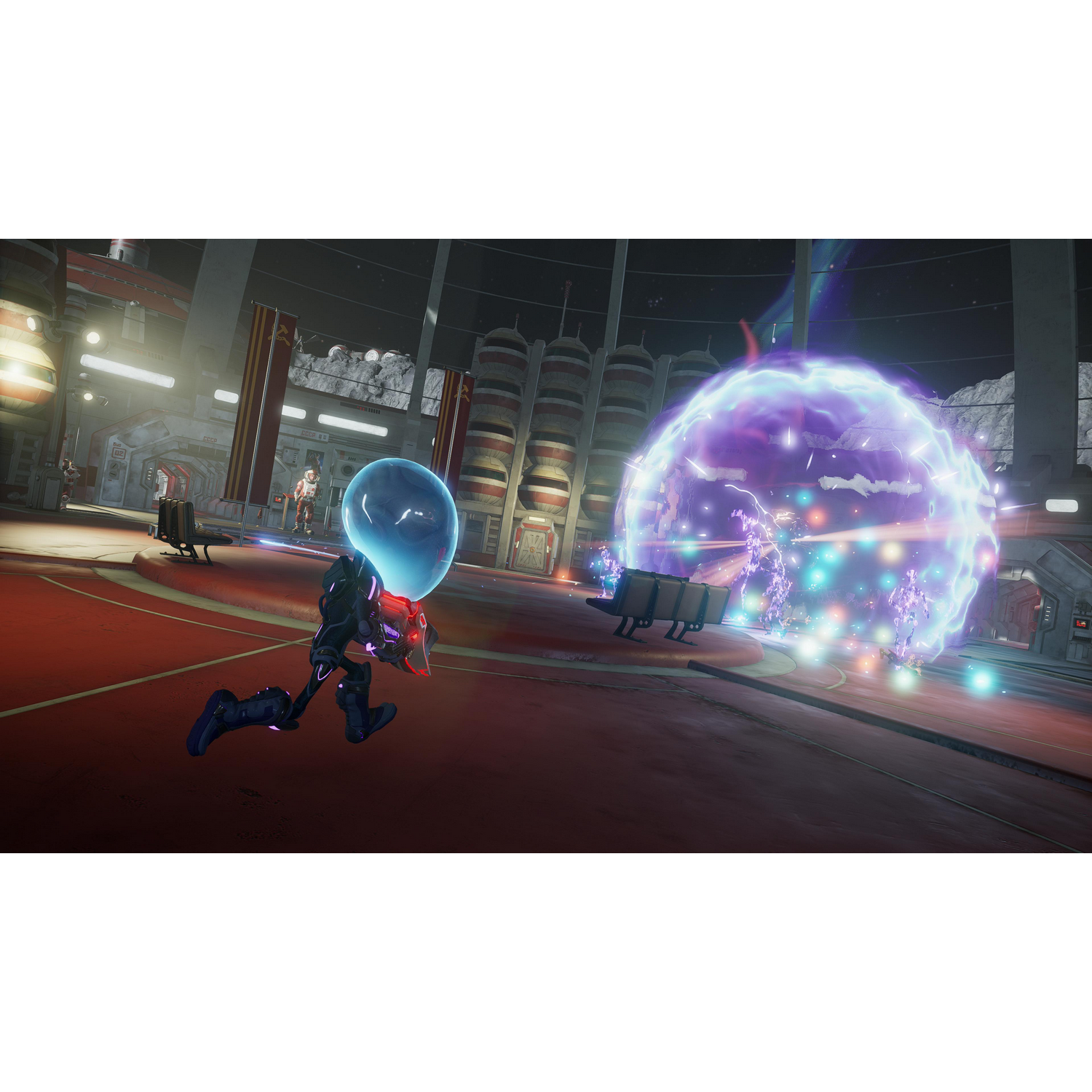Videogame scène: personage rent weg van een paarse energiesfeer.